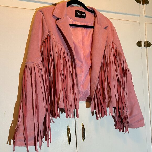 Chartou Women's Faux Suede Moto Biker Jacket Chic Cropped Tassel Fringe - Picture 7 of 11